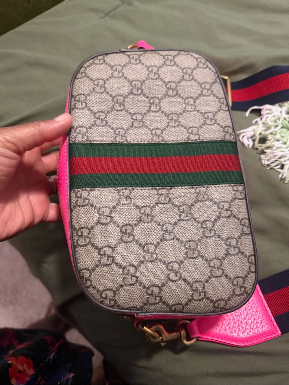 Authentic Gucci Beige GG Small Ophidia Crossbody with Pink Trim